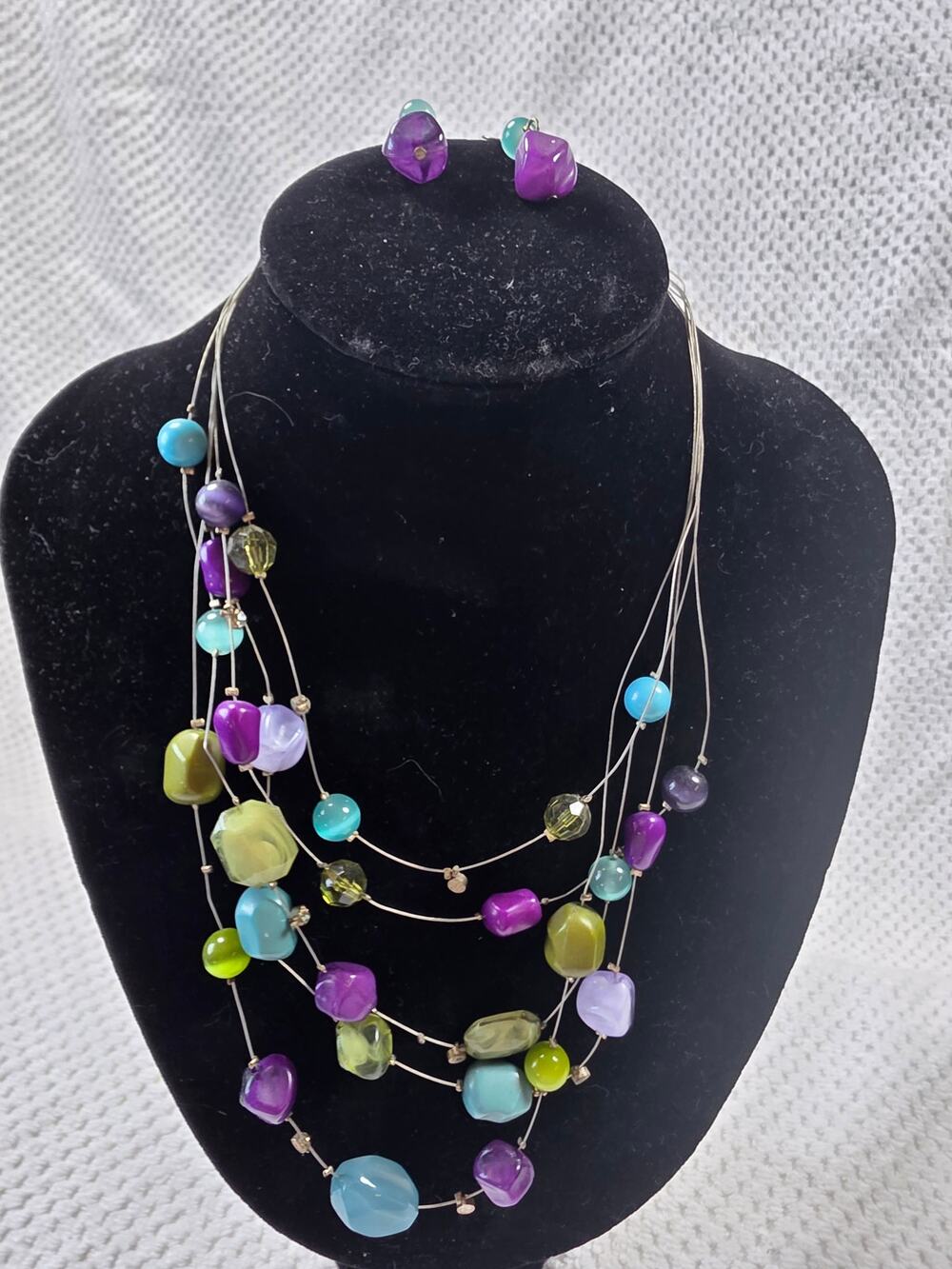 Handcrafted multi-strand necklace & earrings tuquoise & jade color beads